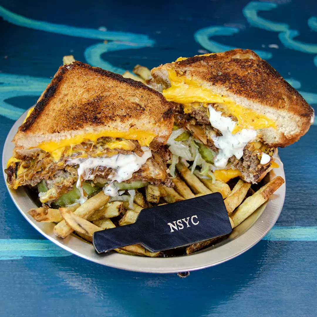 Fucc Boi — two Avril-Bleh smash burgers between two grilled cheeses on Nicky T Wonderful bread